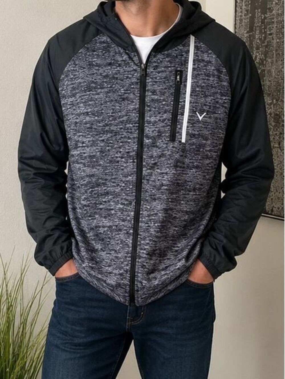 Callaway Men's XL Hooded Windbreaker Jacket Gray Black Full Zip Golf NWT